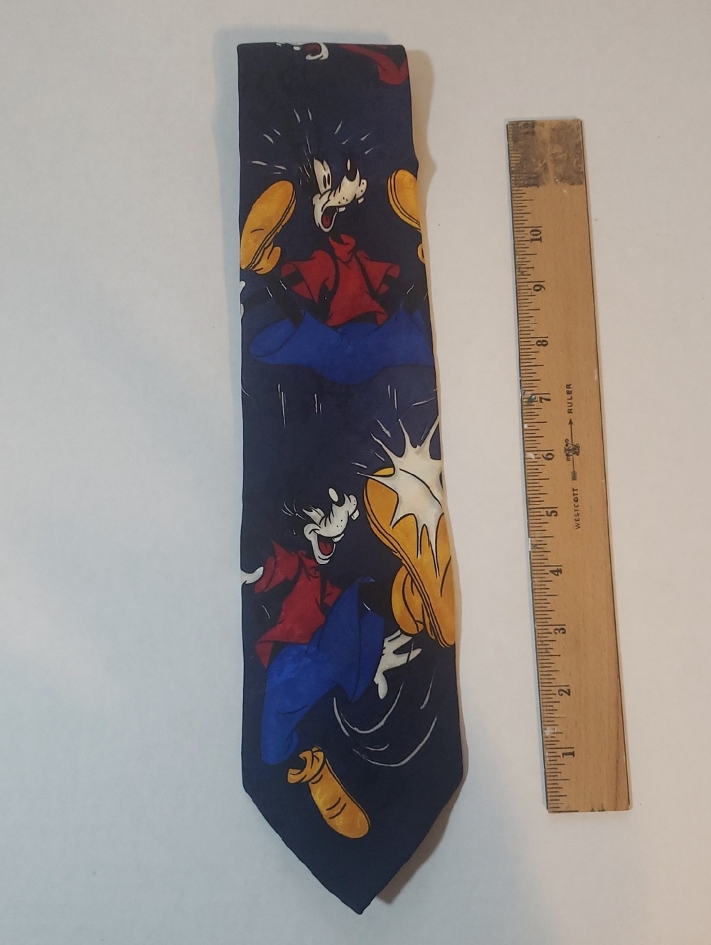 The Disney Store Navy Tie with Goofy Cream Cartoon Glove Motif 100% Silk
